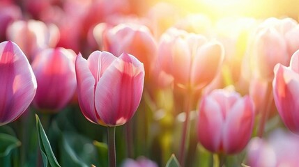 Pink tulips blooming in a vibrant field during sunset in spring