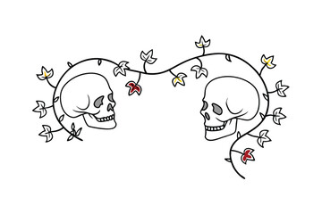 Two Skulls Facing Each Other Adorned with Black Vine and Colorful Flowers Line Art