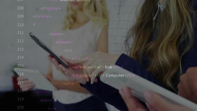 Three coworkers holding devices, watching expanding HTML code overlay showing cyber security links