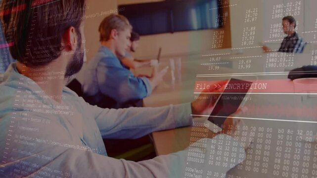Bearded man tapping tablet launching encryption bars as peers typing, speaker gesturing business