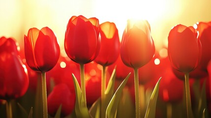 Colorful red tulips bloom under golden sunlight in a serene spring garden setting