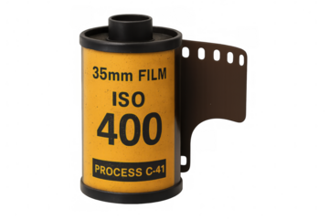 Film canister displaying iso 400 c-41 label, symbolizing vintage analog photography against transparent backdrop