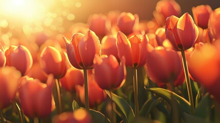 Bright tulips basking in golden sunlight during a serene spring morning in a flower field