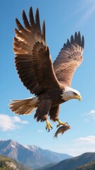 Obraz premium Bald Eagle in Flight with Prey, Against a Mountainous Sky
