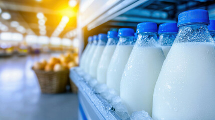 Fresh milk bottles lined up in supermarket display, chilled under bright lights with condensation, showcasing local dairy products for shoppers and families