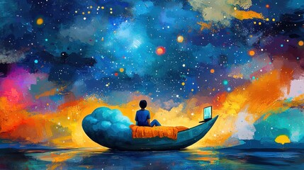Obraz premium A person on a cloud boat, exploring a vibrant cosmic sea of colors and creativity.