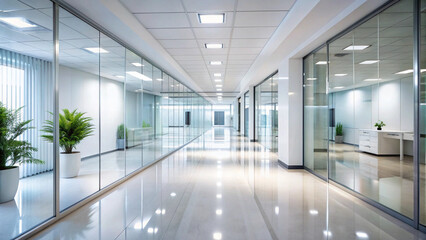 Modern Bright Office Corridor: Glass Walls, Polished Floors, Minimalist Design
