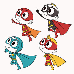 Obraz premium Cartoon superheroes fly together on a journey, embracing teamwork and colorful capes