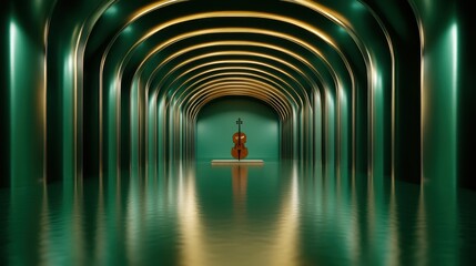 A striking cello showcased against a minimalist architectural backdrop, emphasizing the beauty of music and the elegance of design in a serene and reflective environment.