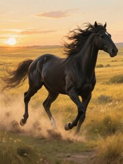 Obraz premium A black horse gallops freely across a sunlit field, kicking up dust as it runs.