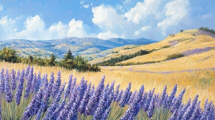 Lavender fields bloom under a clear blue sky in a scenic mountain landscape during summer