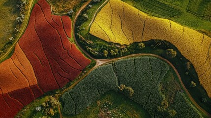 Colorful fields transform the landscape in a vibrant patchwork of nature during springtime