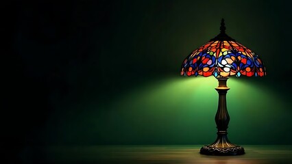 Classic stained glass table lamp glowing on green background. Perfect for vintage interior themes, antique product showcases, or retro home decor design content