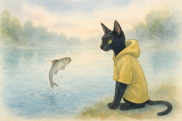 Cat in yellow raincoat watching fish in serene lake scene