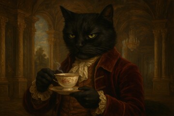 Regal feline enjoying tea in elegant setting - perfect for art and decor