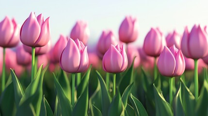 Vibrant pink tulips bloom in a colorful field during springtime at a scenic garden