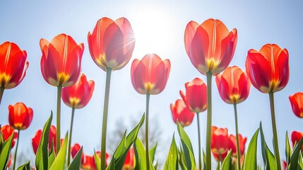 Vibrant red tulips bloom under the bright sun in a beautiful garden during springtime