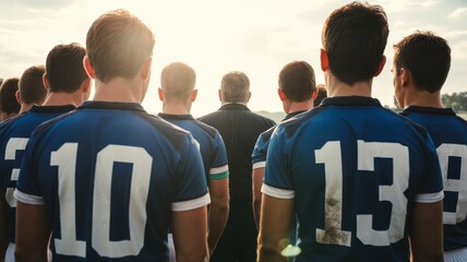 Male soccer team preparing for match at sunset: unity, leadership, focus