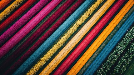 Vibrant rows of tulips bloom in colorful stripes across the fields during the spring season in a scenic location