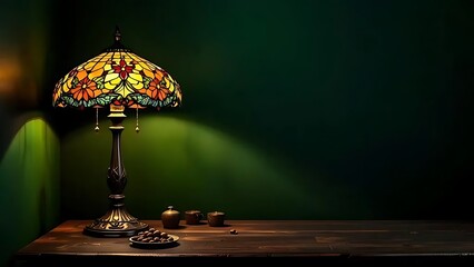 Classic stained glass table lamp glowing on green background. Perfect for vintage interior themes, antique product showcases, or retro home decor design content