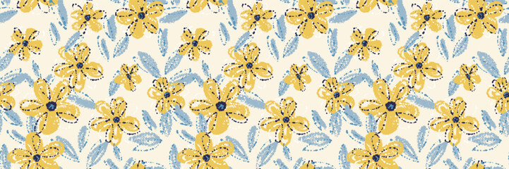 Seamless vector floral pattern with yellow crayon style flowers and blue leaves on a light beige background. Abstract hand drawn texture, template for summer textiles and wrapping paper