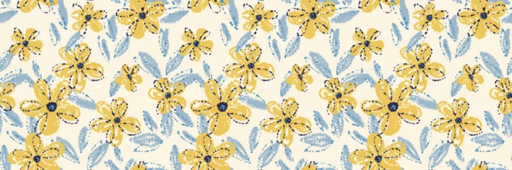 Gordijnen Trendy bloemen Seamless vector floral pattern with yellow crayon style flowers and blue  leaves on a light  beige background. Abstract hand drawn texture, template for summer textiles and wrapping paper  © incarnadine