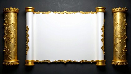 Luxury Ornate Golden Scroll with Blank White Center on Elegant Black Background – Royal Vintage Banner Template