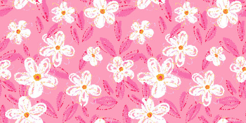 Seamless vector floral pattern featuring white abstract daisy like flowers with textured brush strokes on a vivid pink background. Template for textiles, wallpapers, packaging, and kids decor