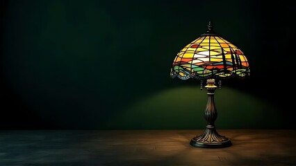 Vintage stained glass table lamp glowing warmly against a green background, ideal for retro interiors, antique product displays, and nostalgic home decor visuals