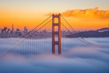 Obraz premium Golden Gate Bridge Enveloped in Fog at Sunrise