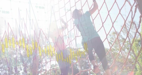 Two women grasping cargo net and climbing for fitness training with lens flare and waveform overlay - Powered by Adobe