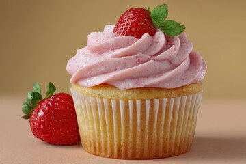Delicious strawberry cupcake with creamy pink frosting and fresh strawberry garnish