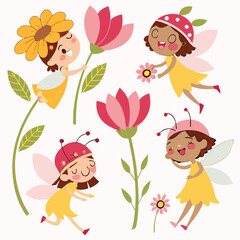 Enchanting whimsical fairy garden featuring sweet flower girls in a vibrant palette