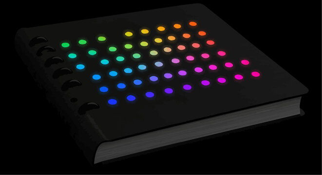 A black notebook with a colorful light pattern.