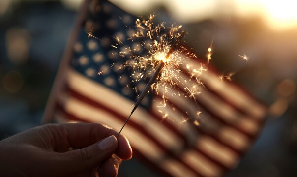A hand holding a sparkler in front of an American flag. 4th of July, Independence day in United States of America celebration