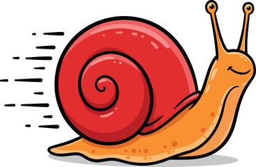 Vector art of a happy cartoon snail in orange and red, moving quickly