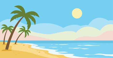 Flat style tropical beach with palm trees, pastel sky, soft clouds, blue ocean, and yellow sun.