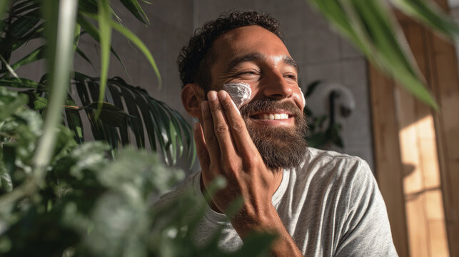 A smiling man applies shaving foam to his face in natural light, surrounded by plants, promoting skin care, wellness and self-care in a relaxing morning routine. - Powered by Adobe