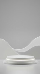 Minimalist White Product Display Podium with lighting ring on Grey Background