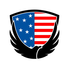 Eagle spreading wings in the america flag and shield shape vector logo
