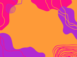 Naklejka premium Abstract background with smooth shapes, wavy lines, textures and spots. Empty space in the center. Bright colors: orange, purple, pink.