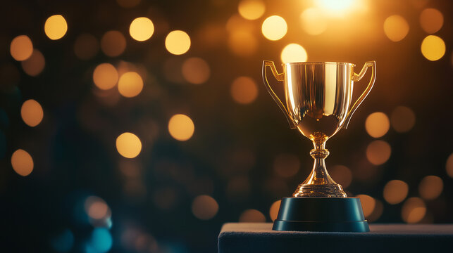 Glistening championship cup on velvet stand, symbolizing victory and prestige
