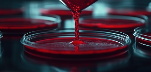 Crimson Liquid Pouring into Petri Dishes: A Close-Up View of Scientific Experimentation