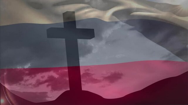 After stillness tricolor flag waving over cross silhouette revealing symbol under moving sunbeams