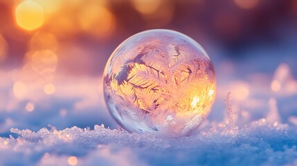 Frozen Sphere with Warm Glow on Frosty Surface Winter Magic Close-Up