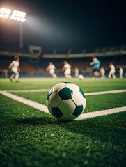 Fototapeta premium Soccer Ball on the Field at Night soccer
