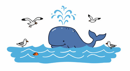 Naklejka premium An adorable illustration of a whale surrounded by sea gulls.