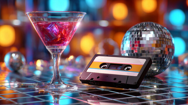 Colorful retro party scene with cocktail and cassette tape