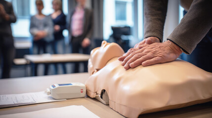 CPR training session showing instructor performing chest compressions on dummy, with students observing in classroom setting focused on emergency medical education and lifesaving skills.