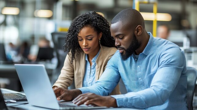 Two people work at laptop in bright, modern office space